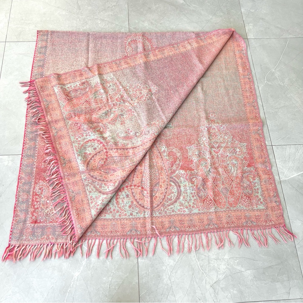 100% Pashmina Handmade Pink Turquoise Paisley Crystal Bead Long Wrap Shawl Scarf - Picture 12 of 13